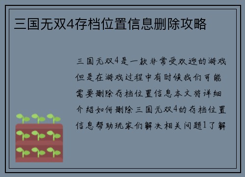 三国无双4存档位置信息删除攻略